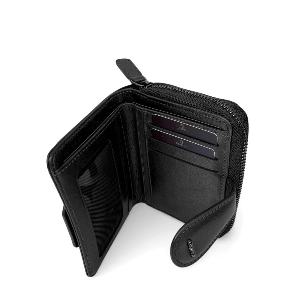 Grande Gerçek Deri Kadın Cüzdanı Hakiki Deri Küçük Boy Siyah
