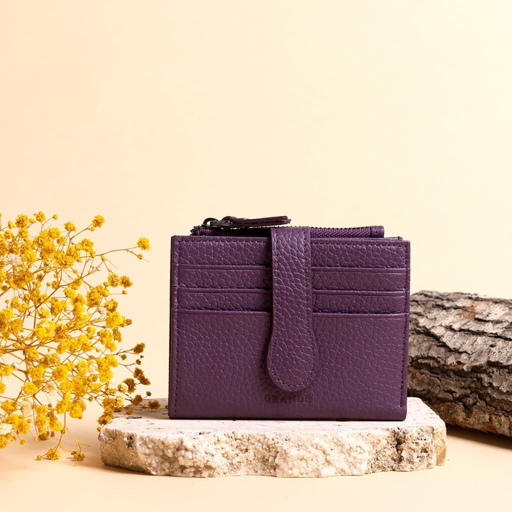 Grande Gerçek Deri Kadın Cüzdanı Hakiki Deri Küçük Boy Mürdüm