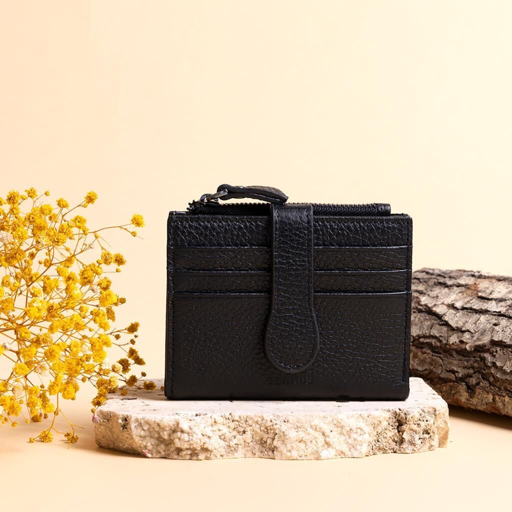 Grande Gerçek Deri Kadın Cüzdanı Hakiki Deri Küçük Boy Siyah