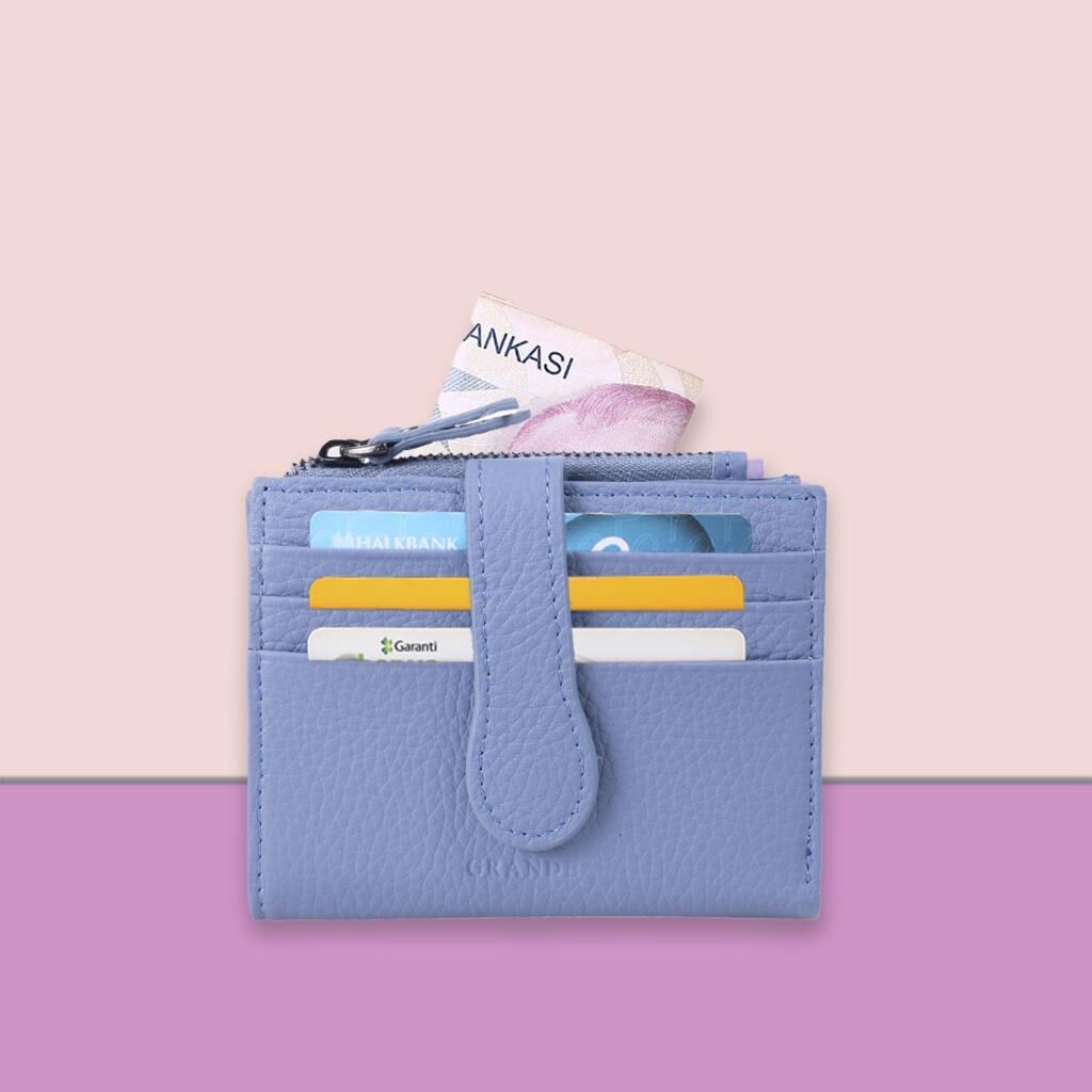 Grande Gerçek Deri Kadın Cüzdanı Hakiki Deri Küçük Boy Buz Mavi