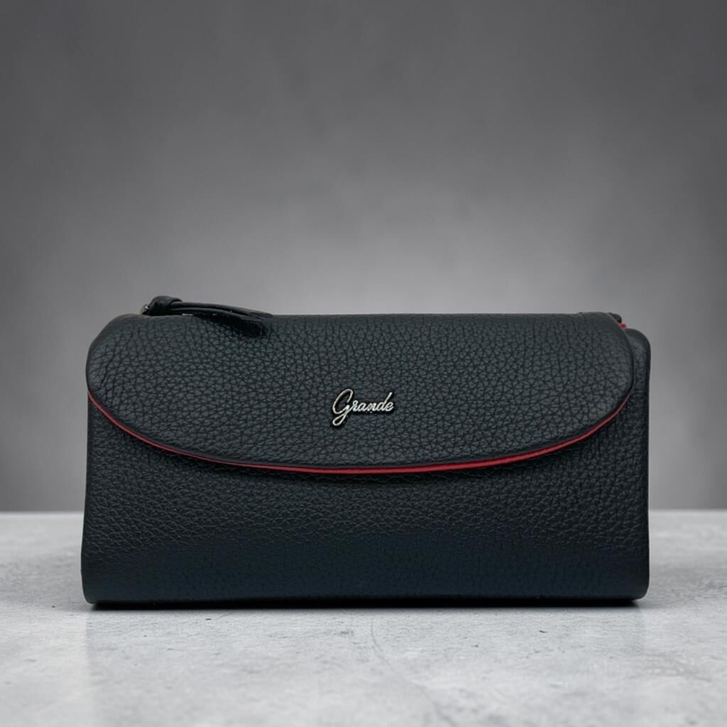 Grande Hakiki Deri Yumuşak Kadın Cüzdanı Gerçek Deri Büyük Boy Siyah/Kırmızı