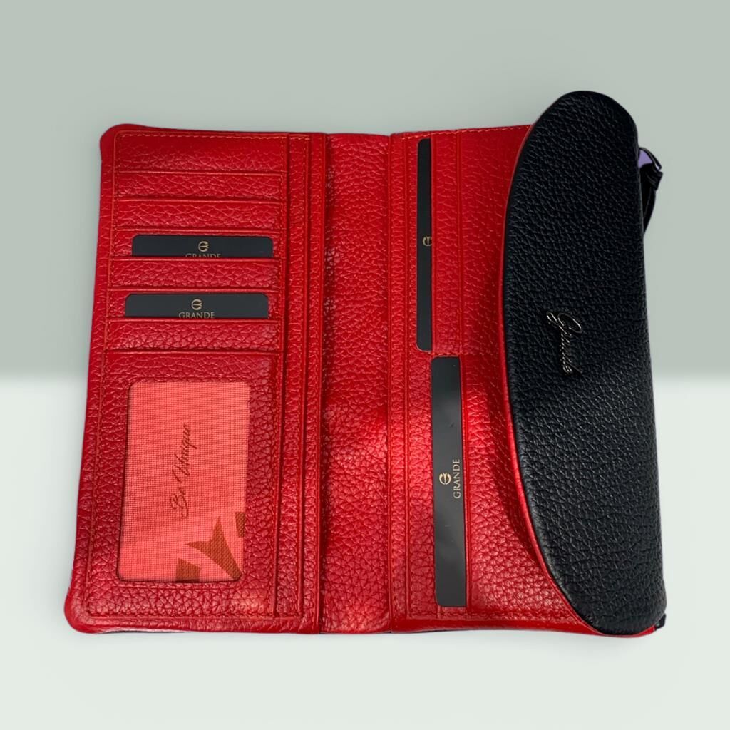 Grande Hakiki Deri Yumuşak Kadın Cüzdanı Gerçek Deri Büyük Boy Siyah/Kırmızı