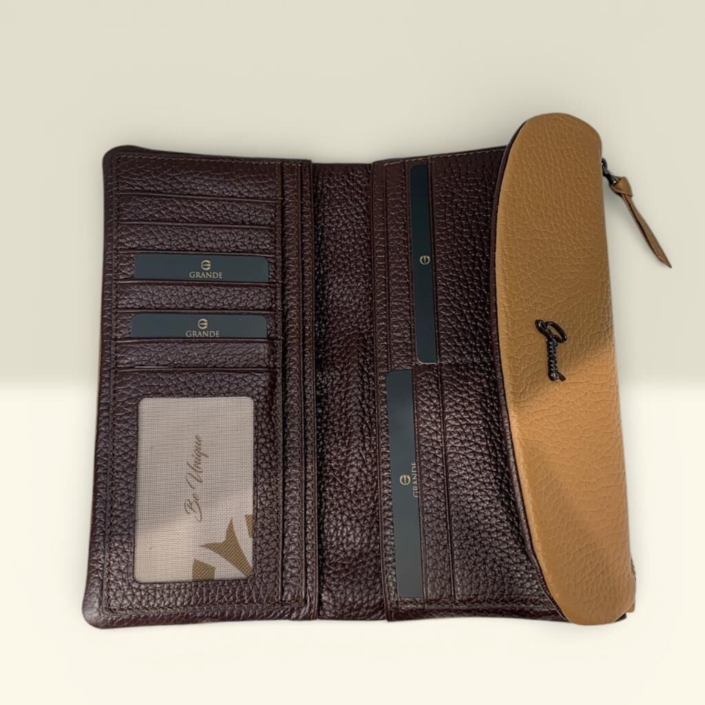 Grande Hakiki Deri Kadın Cüzdanı Yumuşak Camel/Kahve