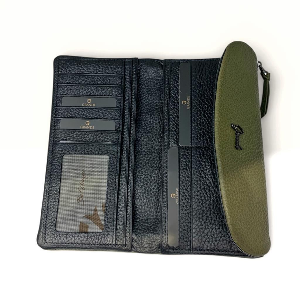 Grande Hakiki Deri Yumuşak Kadın Cüzdanı Gerçek Deri Büyük Boy Yeşil/Siyah