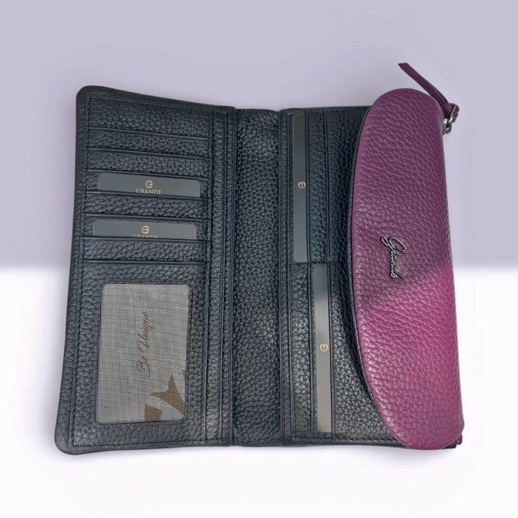 Grande Hakiki Deri Kadın Cüzdanı Yumuşak Mürdüm/Siyah