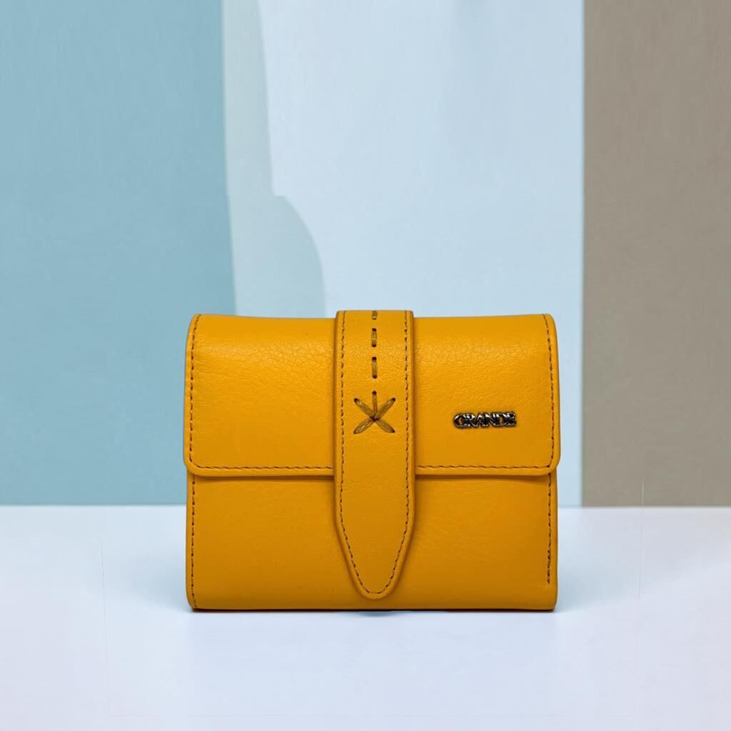 Grande Gerçek Deri Kadın Cüzdanı Hakiki Deri Küçük Boy Sarı