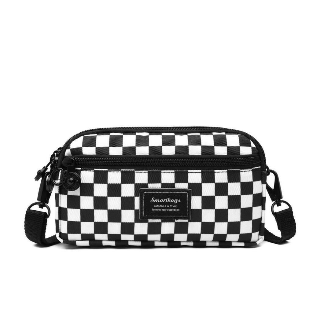 Smart Bags Mini Boy Postacı Çantası ve Cüzdanı Krinkıl Kumaş 1112 Beyaz Damalı