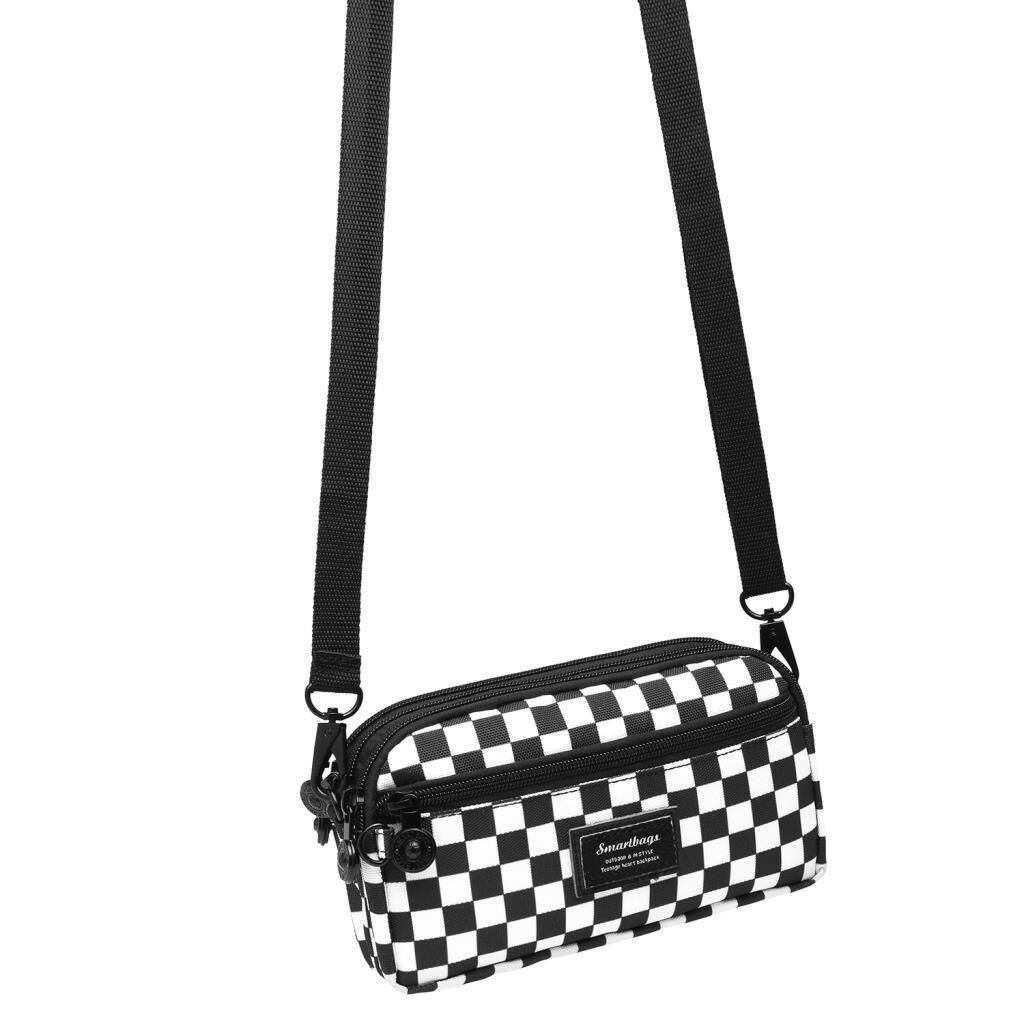 Smart Bags Mini Boy Postacı Çantası ve Cüzdanı Krinkıl Kumaş 1112 Beyaz Damalı