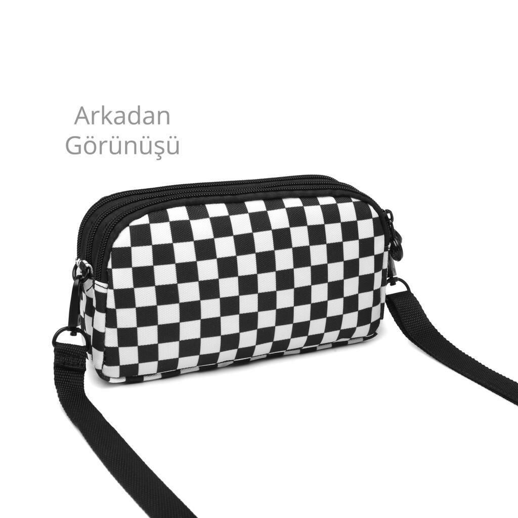Smart Bags Mini Boy Postacı Çantası ve Cüzdanı Krinkıl Kumaş 1112 Beyaz Damalı
