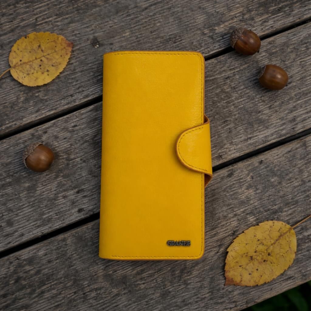 Grande Gerçek Deri Uniseks Cüzdan İnce Tasarım Büyük Boy Sarı