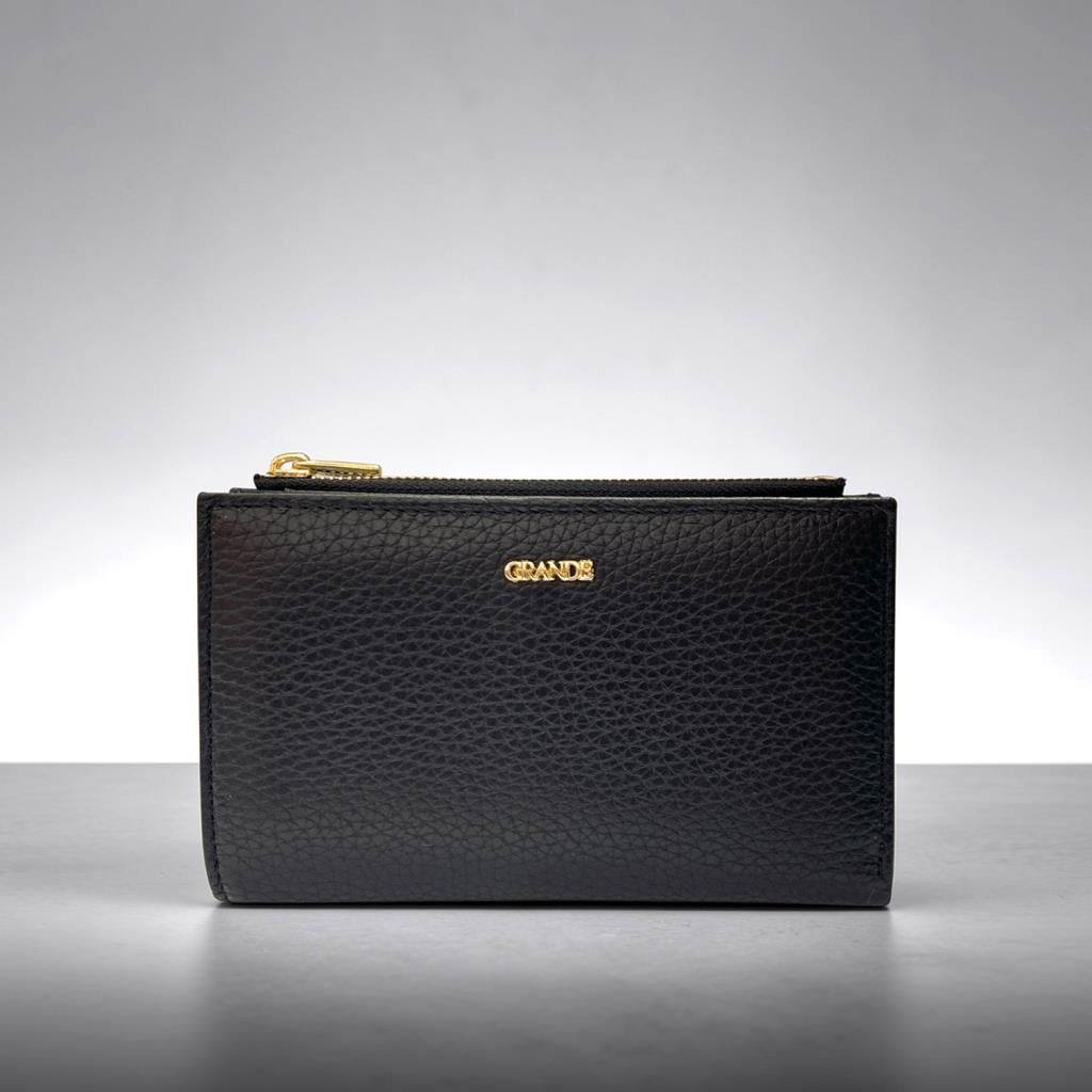 Grande Gerçek Deri Kadın Cüzdanı Orta Boy Hakiki Deri Siyah