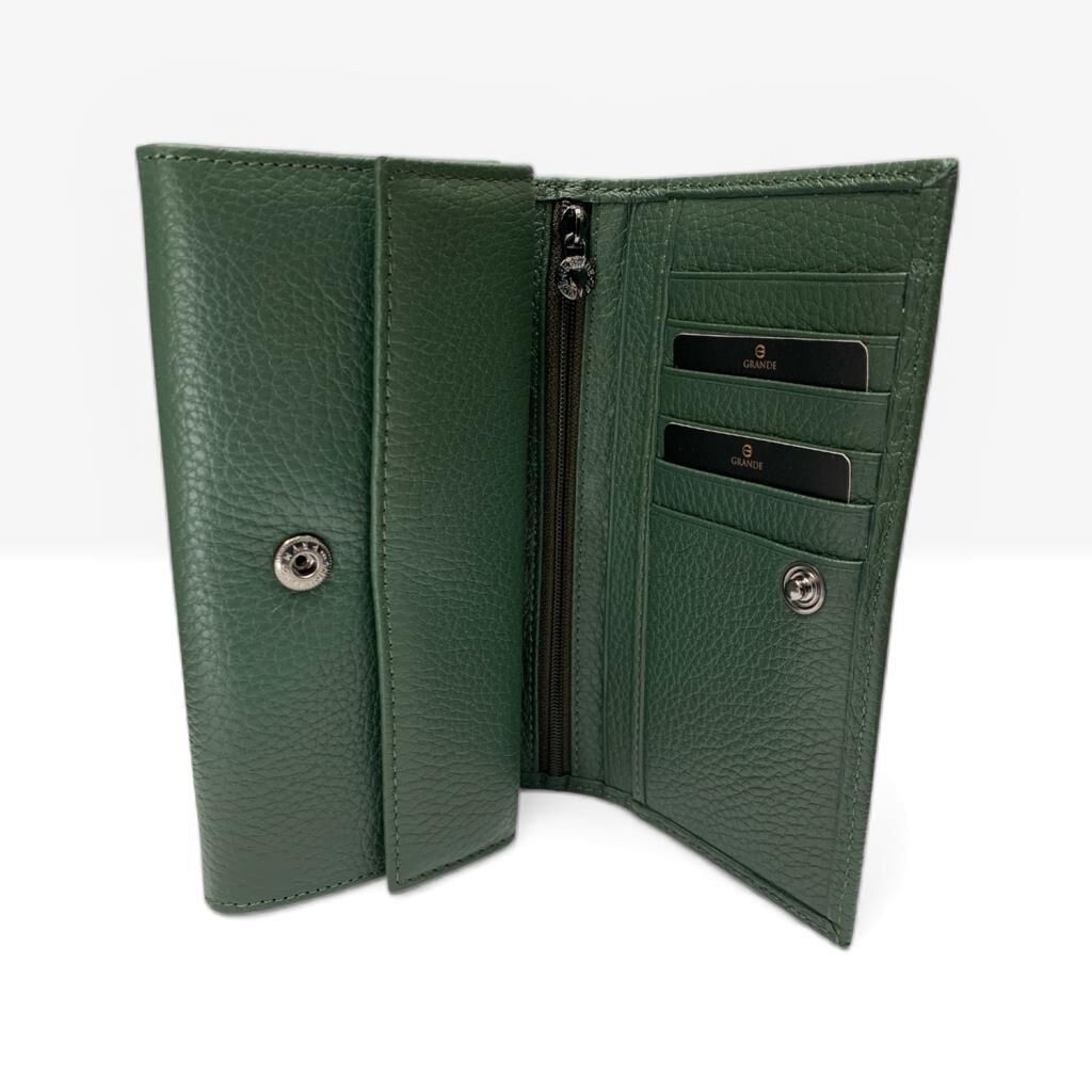 Grande Gerçek Deri Kadın Cüzdanı Orta Boy Hakiki Deri Yeşil