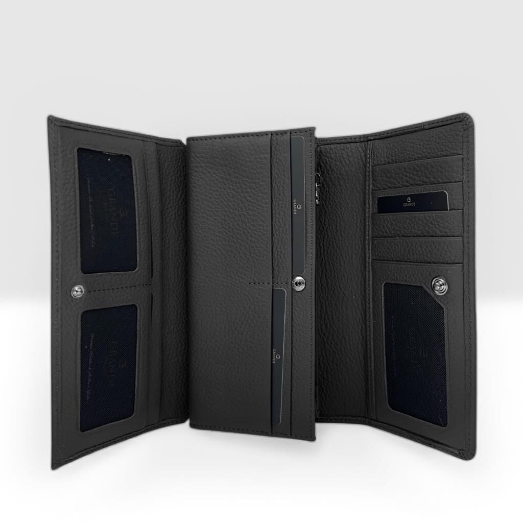 Grande Gerçek Deri Kadın Cüzdanı Büyük Boy Hakiki Deri Siyah