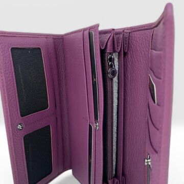 Grande Gerçek Deri Kadın Cüzdanı Büyük Boy Hakiki Deri Mürdüm