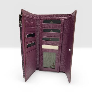 Grande Gerçek Deri Kadın Cüzdanı Hakiki Deri Büyük Boy Mürdüm