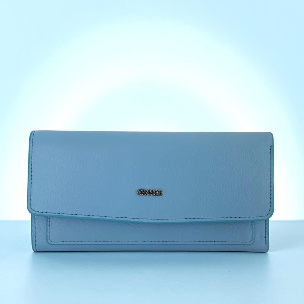 Grande Gerçek Deri Kadın Cüzdanı Hakiki Deri Büyük Boy Gök Mavi