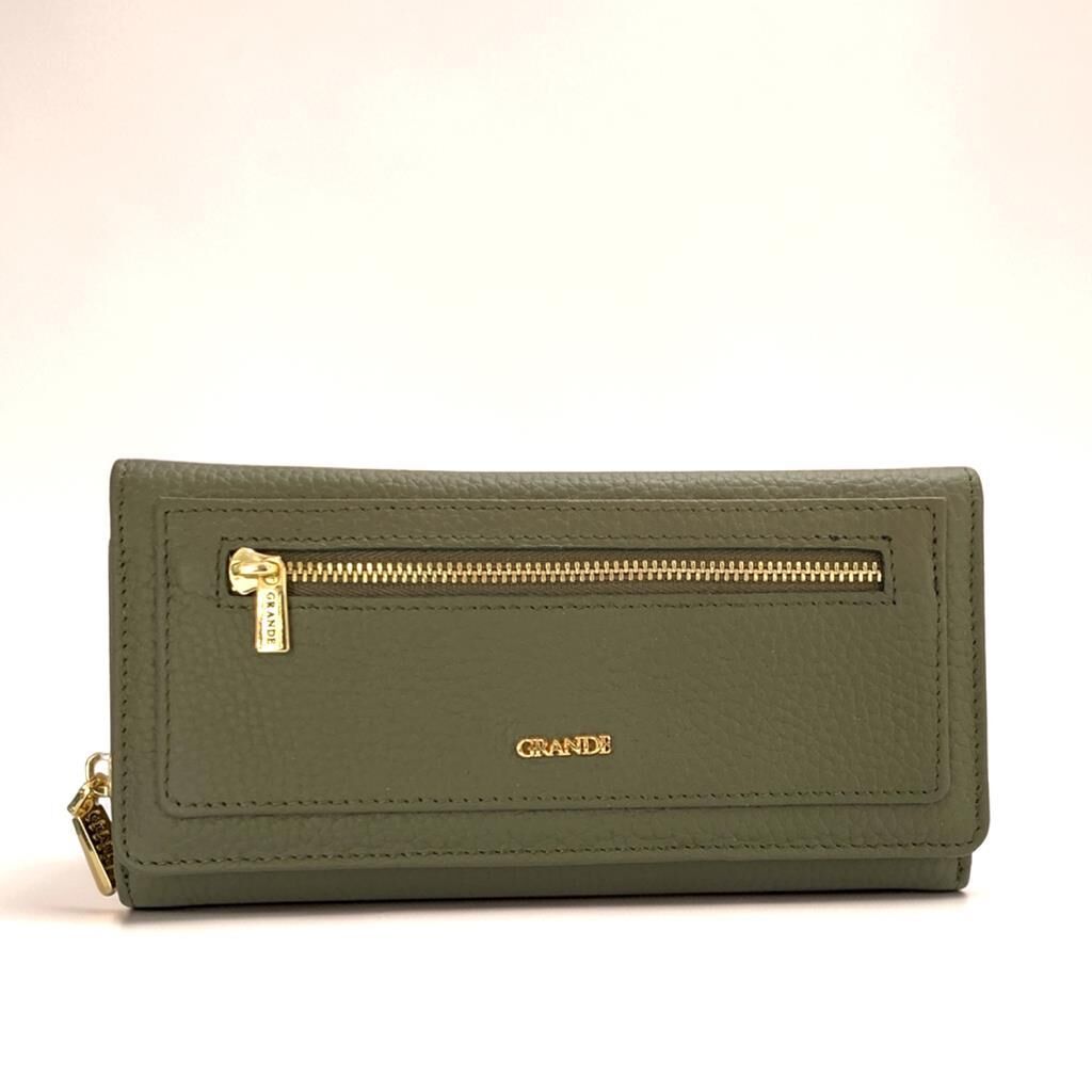 Grande Gerçek Deri Kadın Cüzdanı Hakiki Deri Büyük Boy Yeşil