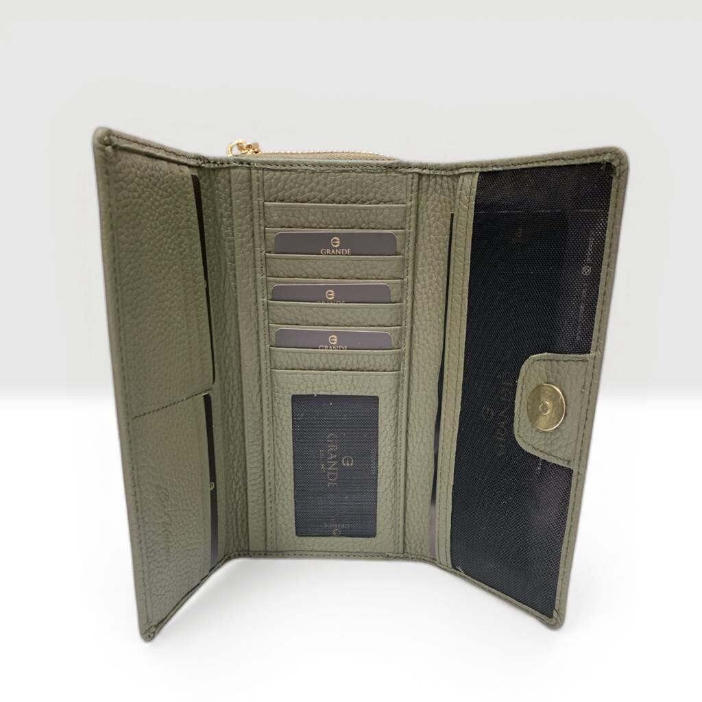 Grande Gerçek Deri Kadın Cüzdanı Hakiki Deri Büyük Boy Yeşil
