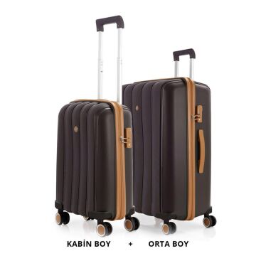 MÇS Bavul Orta ve Kabin 2li Set Kırılmaz Silikon Valiz V305 AcıKahve/Şampanya