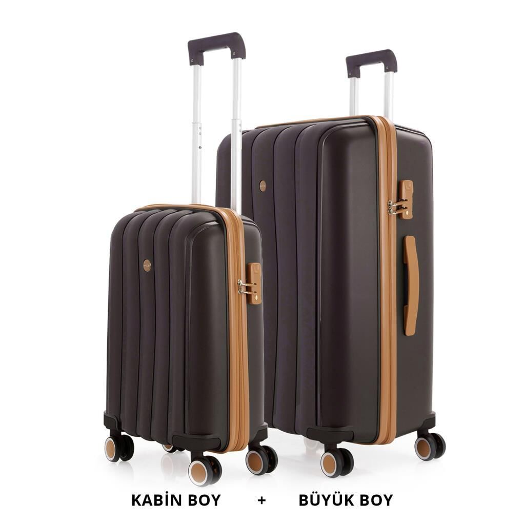 MÇS Bavul Büyük ve Kabin 2li Set Kırılmaz Silikon Valiz V305 AcıKahve/Şampanya
