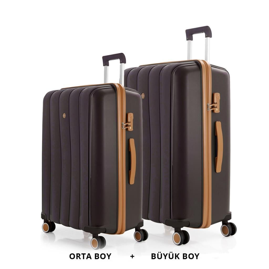 MÇS Bavul Büyük ve Orta 2li Set Kırılmaz Silikon Valiz V305 AcıKahve/Şampanya