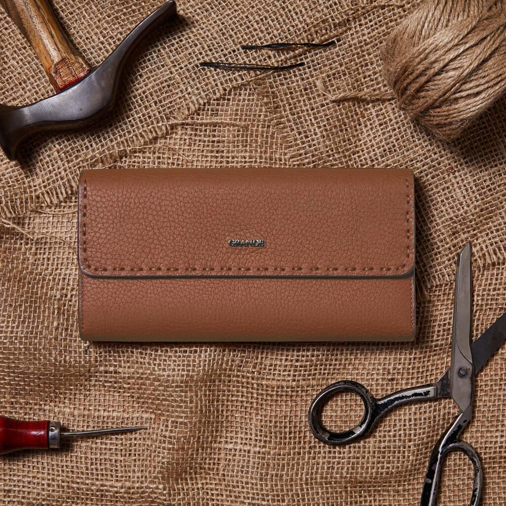 Grande Gerçek Deri Kadın Cüzdanı Hakiki Deri Büyük Boy Camel