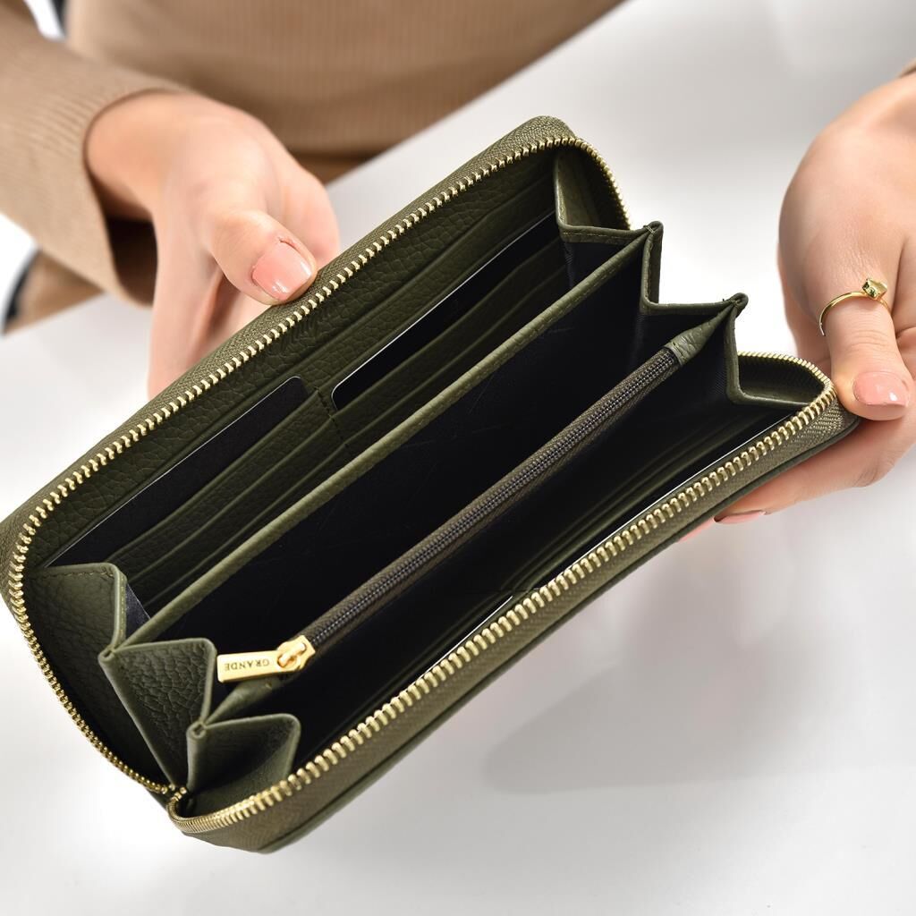 Grande Gerçek Deri Fermuarlı Kadın Cüzdanı Büyük Boy Hakiki Deri Bordo