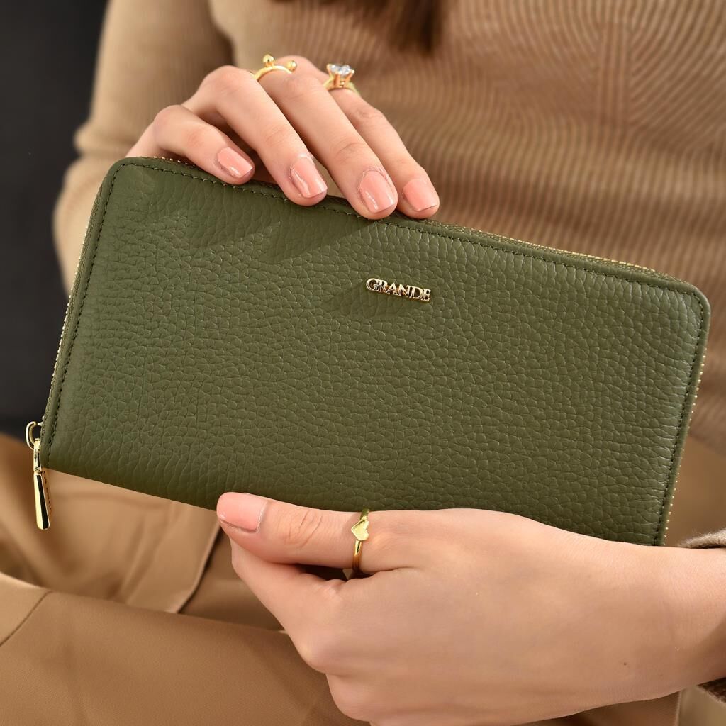 Grande Gerçek Deri Fermuarlı Kadın Cüzdanı Büyük Boy Hakiki Deri Yeşil