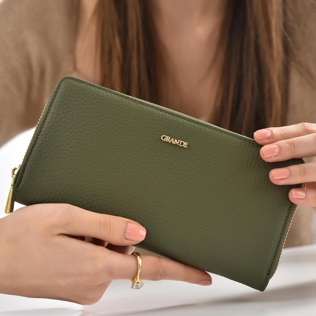 Grande Gerçek Deri Fermuarlı Kadın Cüzdanı Büyük Boy Hakiki Deri Yeşil