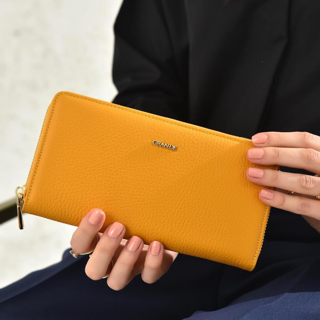Grande Gerçek Deri Fermuarlı Kadın Cüzdanı Büyük Boy Hakiki Deri Sarı