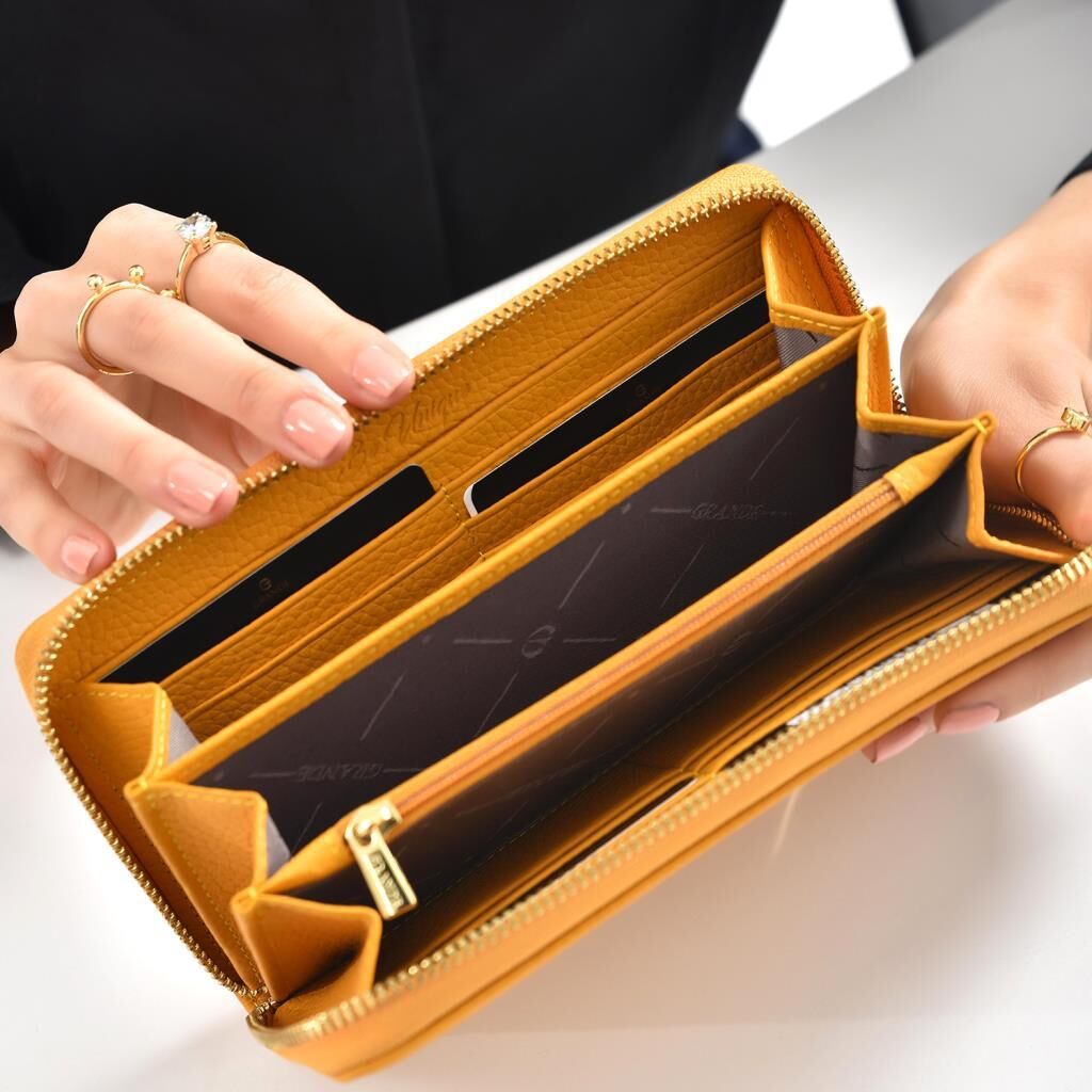 Grande Gerçek Deri Fermuarlı Kadın Cüzdanı Büyük Boy Hakiki Deri Sarı