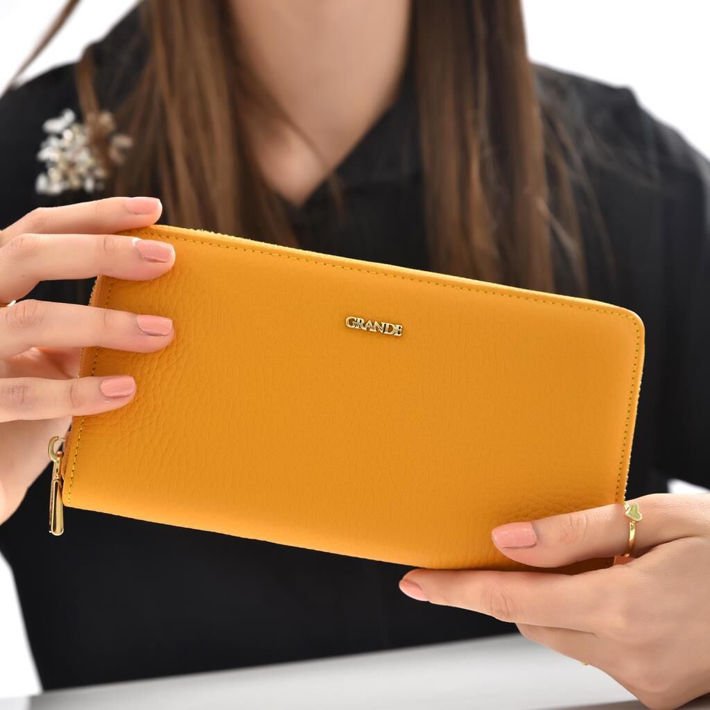 Grande Gerçek Deri Fermuarlı Kadın Cüzdanı Büyük Boy Hakiki Deri Sarı