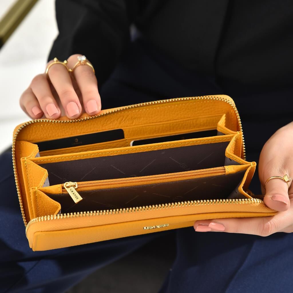 Grande Gerçek Deri Fermuarlı Kadın Cüzdanı Büyük Boy Hakiki Deri Sarı
