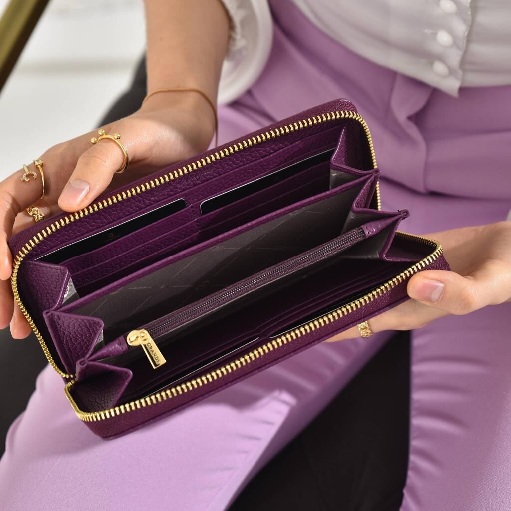 Grande Gerçek Deri Fermuarlı Kadın Cüzdanı Büyük Boy Hakiki Deri Mürdüm