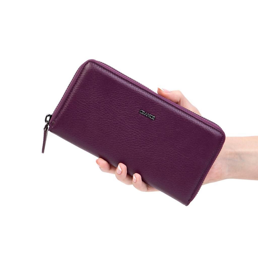 Grande Gerçek Deri Fermuarlı Kadın Cüzdanı Büyük Boy Hakiki Deri Mürdüm