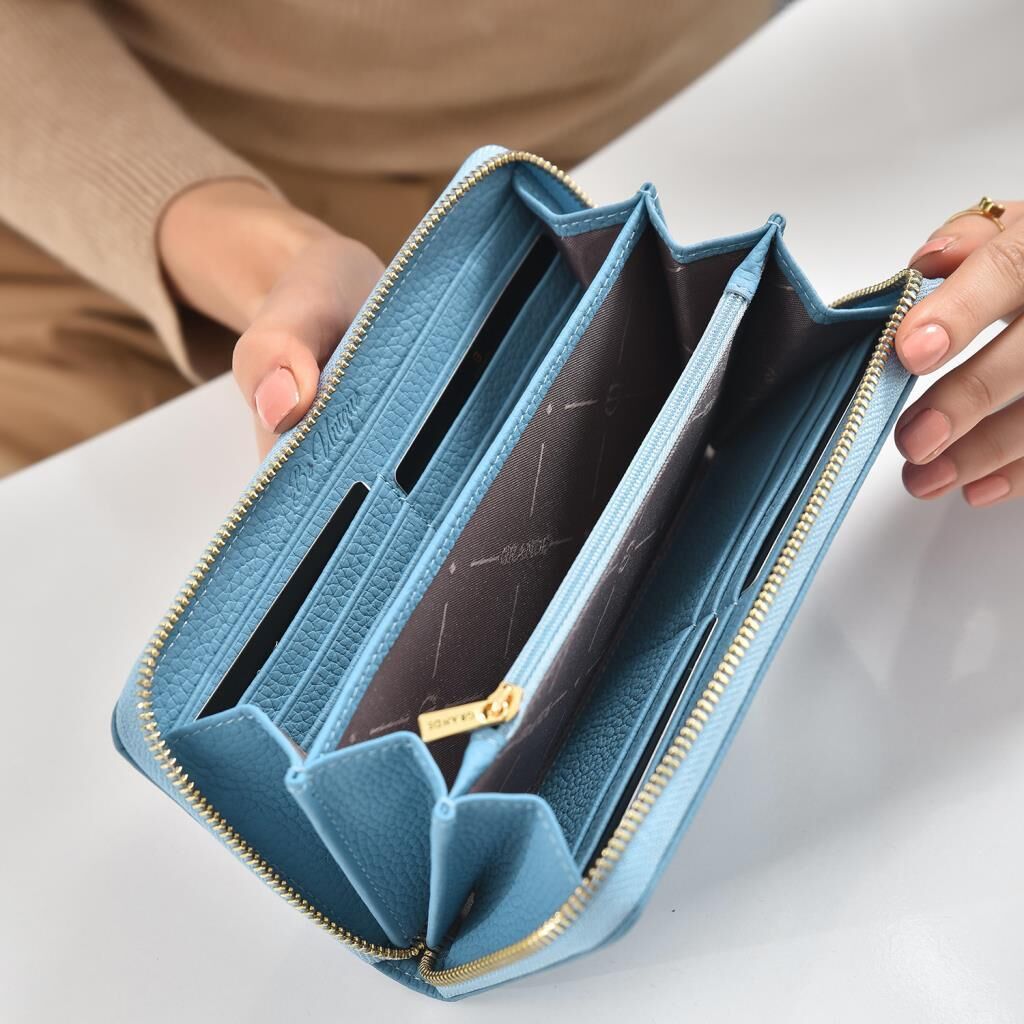Grande Gerçek Deri Fermuarlı Kadın Cüzdanı Büyük Boy Hakiki Deri Gök Mavi
