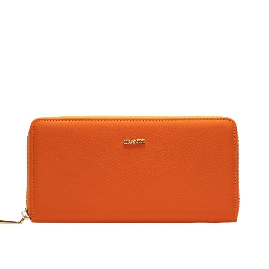 Grande Gerçek Deri Fermuarlı Kadın Cüzdanı Büyük Boy Hakiki Deri Orange