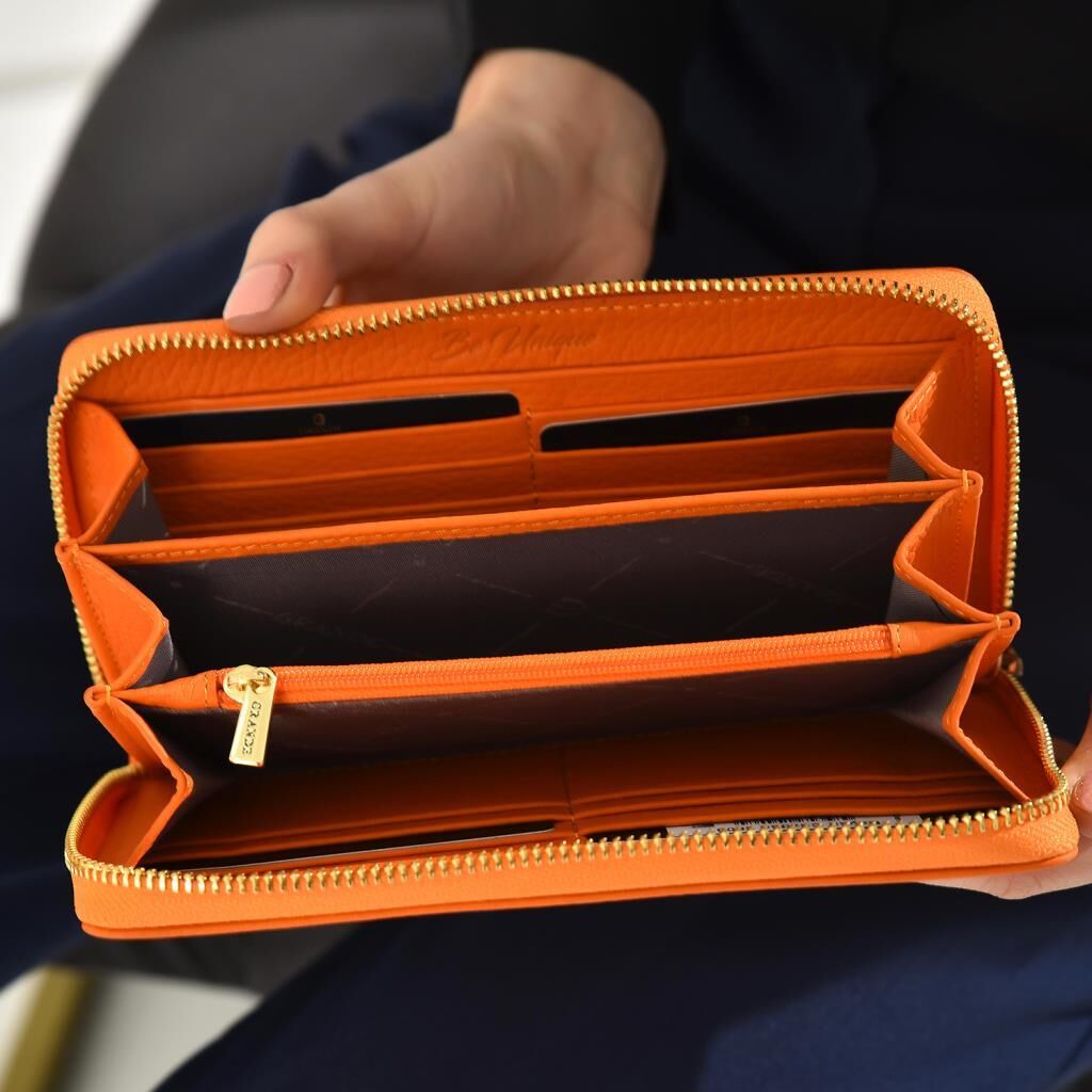 Grande Gerçek Deri Fermuarlı Kadın Cüzdanı Büyük Boy Hakiki Deri Orange