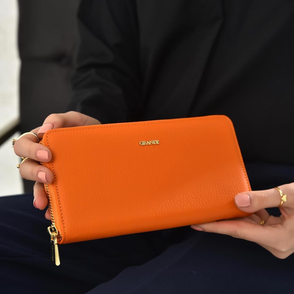 Grande Gerçek Deri Fermuarlı Kadın Cüzdanı Büyük Boy Hakiki Deri Orange
