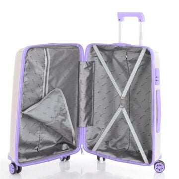 Mçs Valiz Orta Boy Kırılmaz PP Silikon Bavul V305 Kemik/Lila