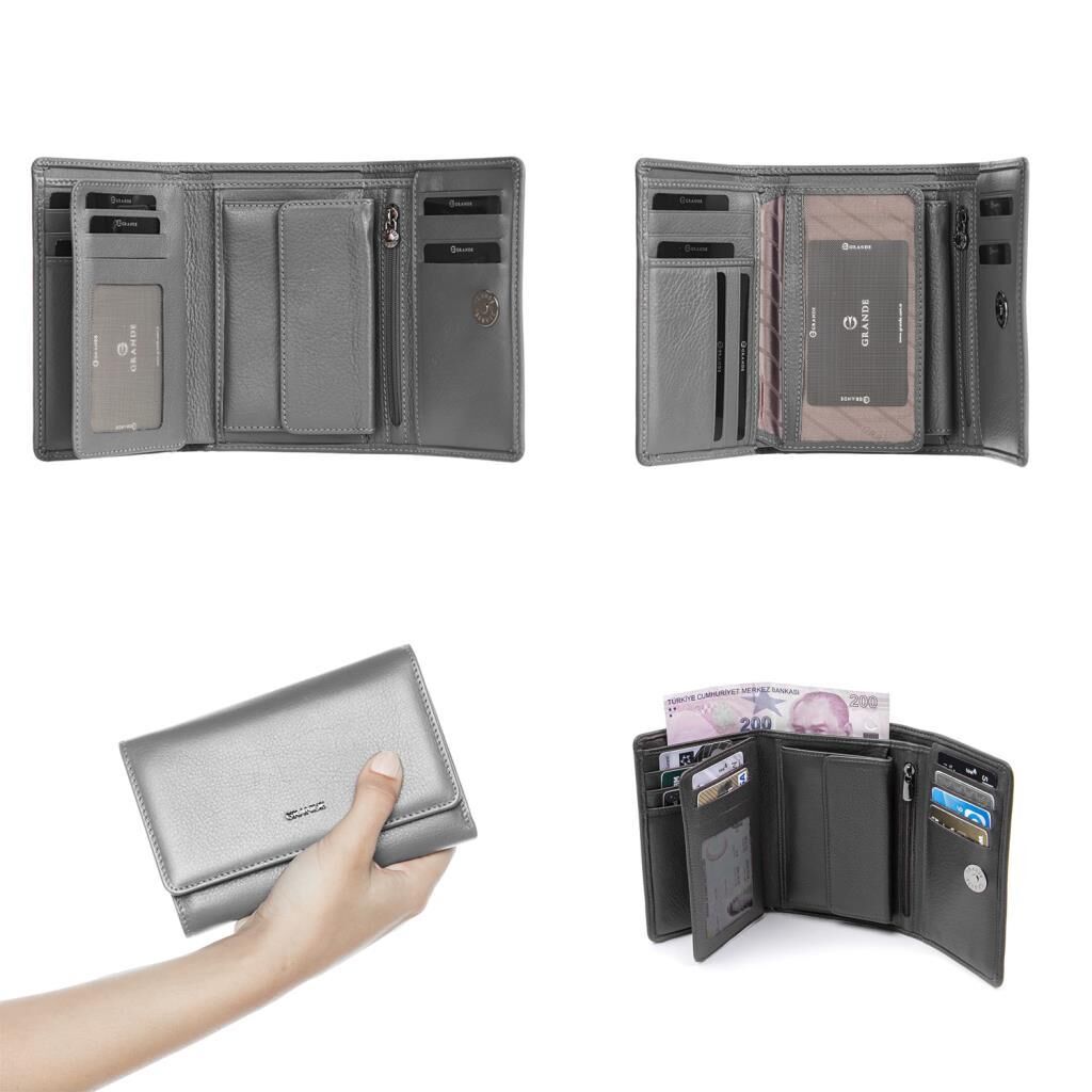 Grande Gerçek Deri Kadın Cüzdanı Orta Boy Hakiki Deri Mürdüm
