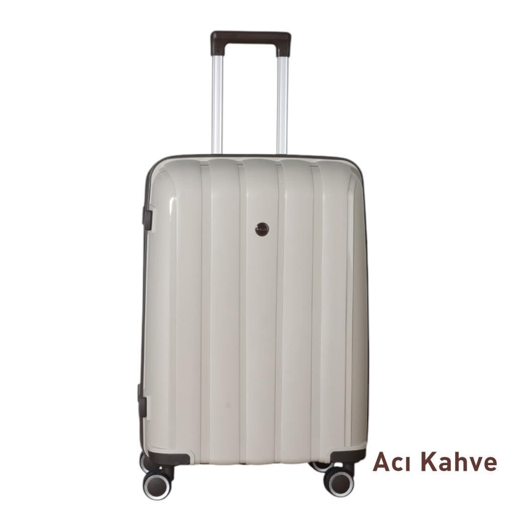 Mçs Valiz Orta Boy Kırılmaz PP Silikon Bavul V305 Kemik/AcıKahve