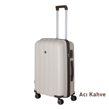 Mçs Valiz Orta Boy Kırılmaz PP Silikon Bavul V305 Kemik/AcıKahve