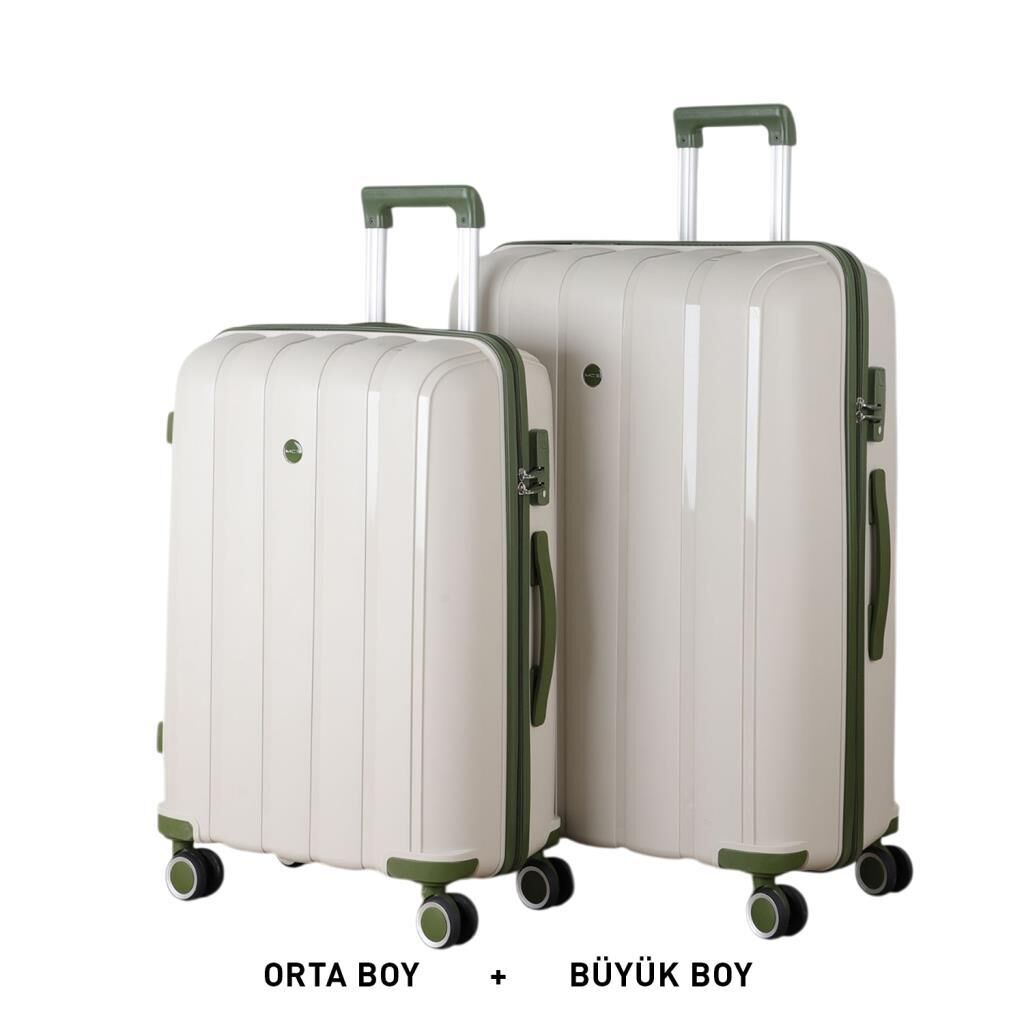MÇS Bavul Büyük ve Orta 2li Set Kırılmaz Silikon Valiz V305 Kemik/Haki