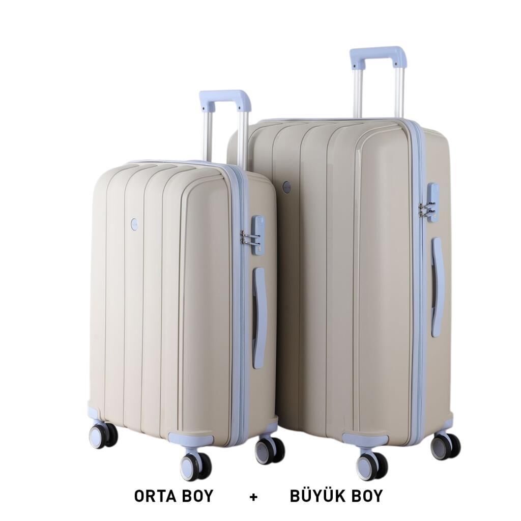 MÇS Bavul Büyük ve Orta 2li Set Kırılmaz Silikon Valiz V305 Kemik/BebeMavisi