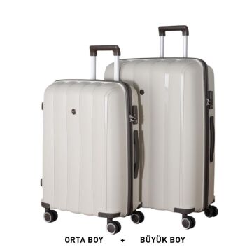 MÇS Bavul Büyük ve Orta 2li Set Kırılmaz Silikon Valiz V305 Kemik/AcıKahve