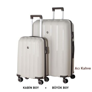 MÇS Bavul Büyük ve Kabin 2li Set Kırılmaz Silikon Valiz V305 Kemik/AcıKahve
