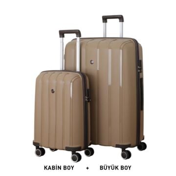 MÇS Bavul Büyük ve Kabin 2li Set Kırılmaz Silikon Valiz V305 Şampanya/AcıKahve