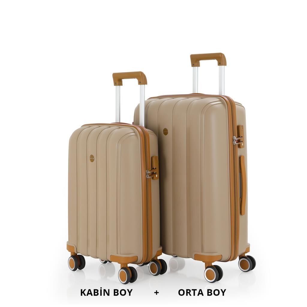 MÇS Bavul Orta ve Kabin 2li Set Kırılmaz Silikon Valiz V305 Şampanya/Hardal