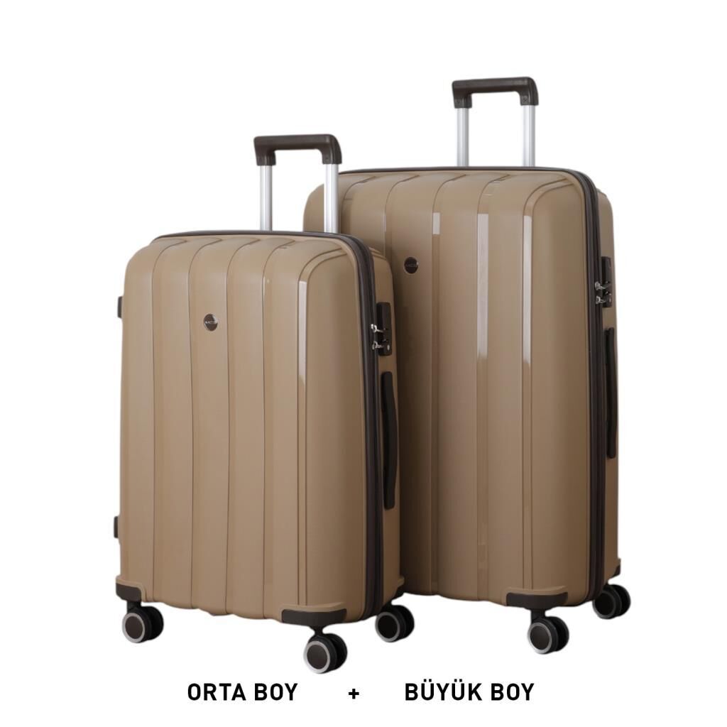 MÇS Bavul Büyük ve Orta 2li Set Kırılmaz Silikon Valiz V305 Şampanya/AcıKahve